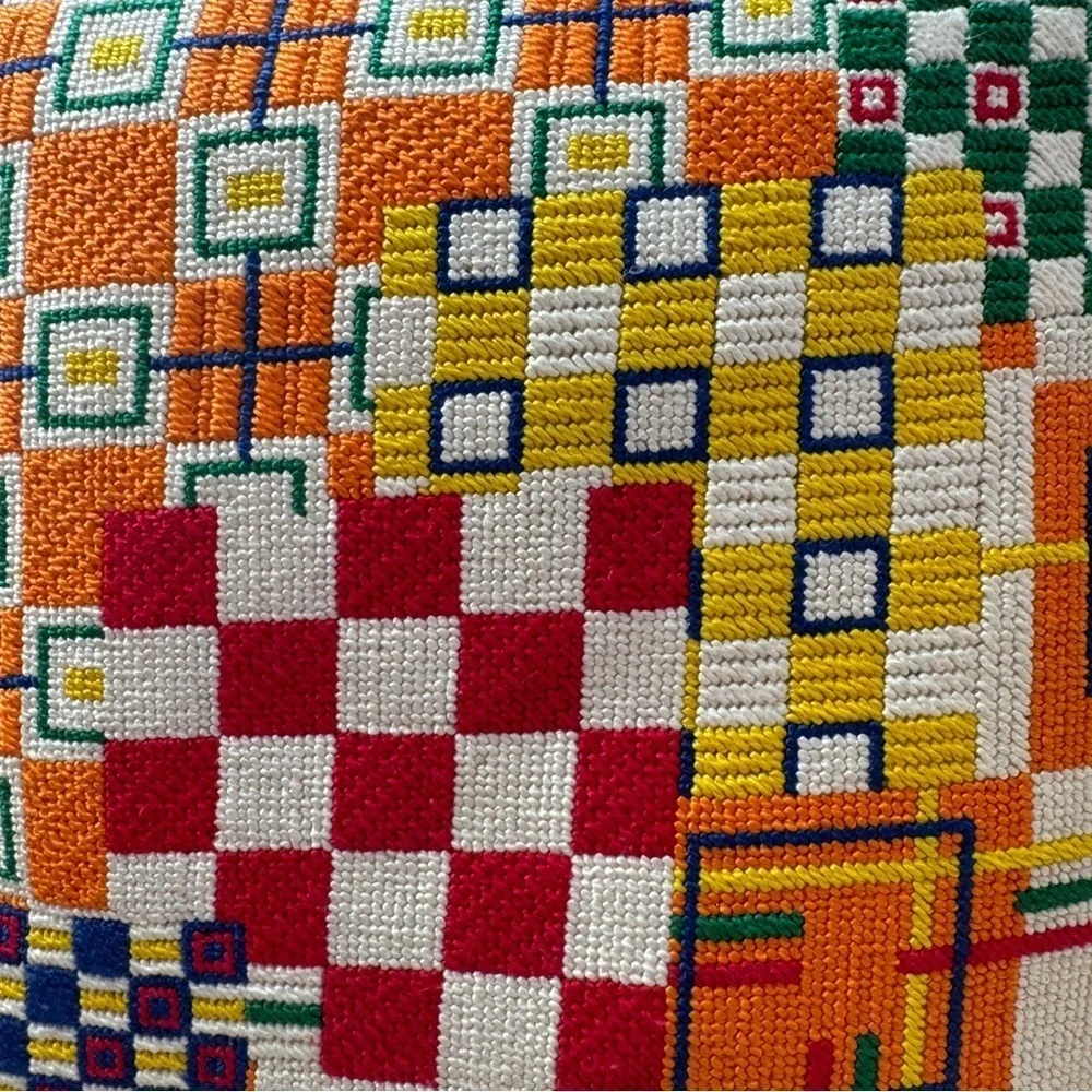 Needlepoint pillow colorful avantgarde abstract shapes checkered handmade square